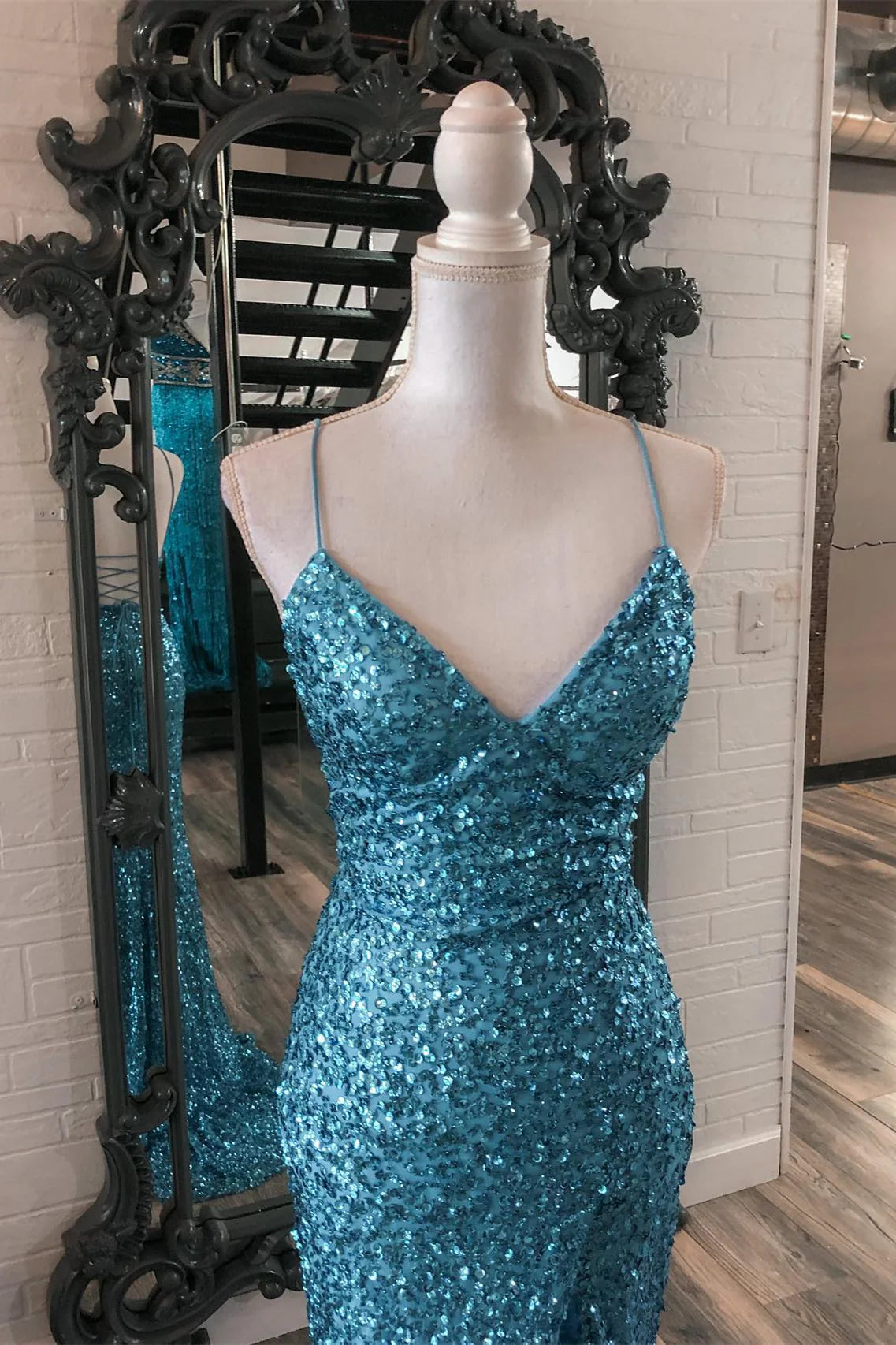 Weitese Dress Spaghetti Straps Blue Sequin Mermaid Formal Dress Maxi Dress Prom Dress